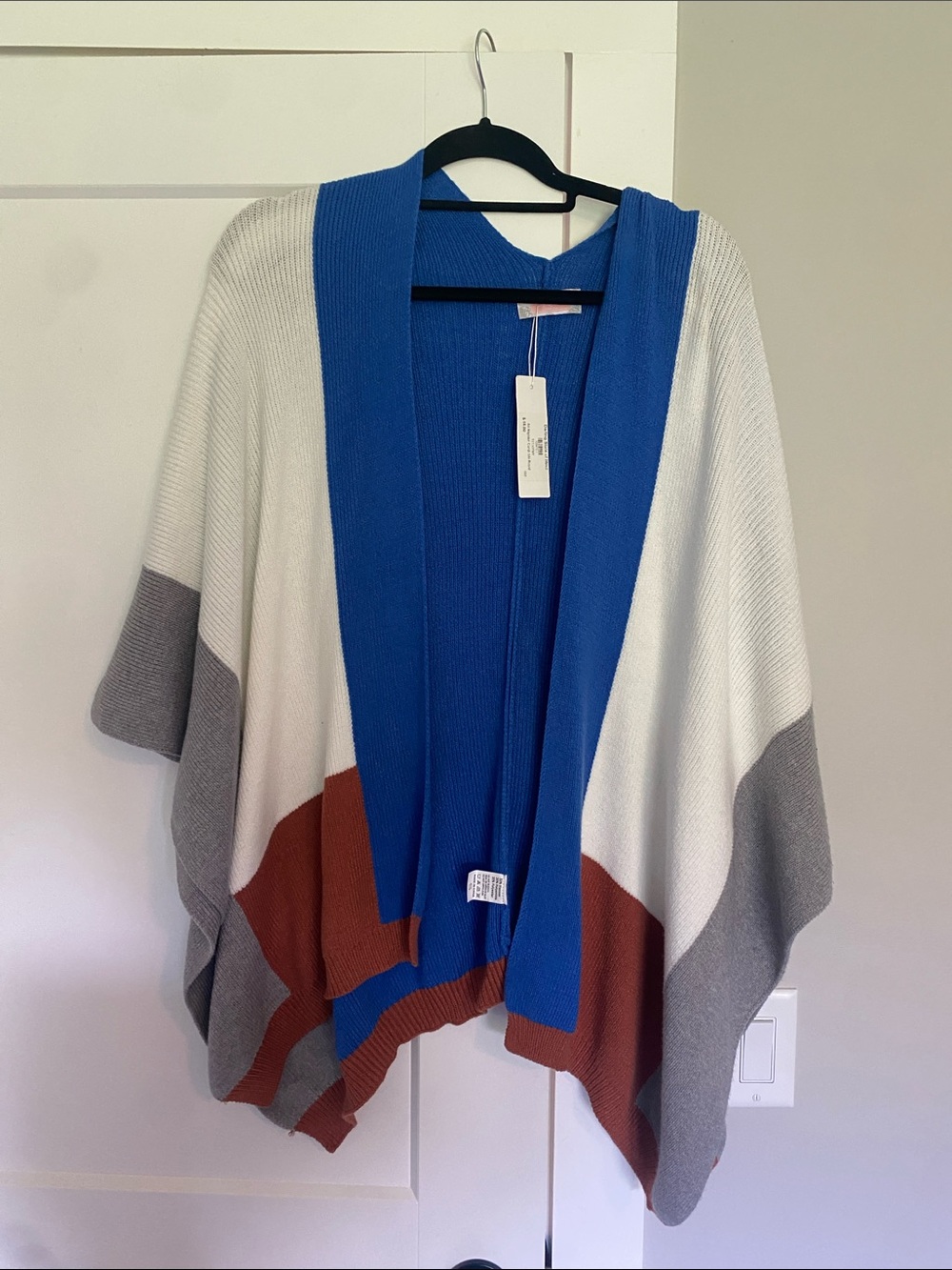 NWT Blue White Gray Rust Colorblock Open Cardigan Poncho S/M